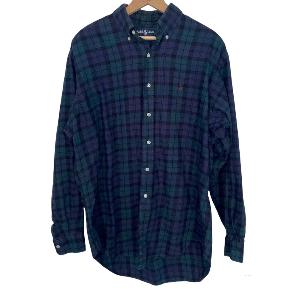 Ralph Lauren Blaire Blue Green Plaid Flannel Long Sleeve Button Down Shirt Logo